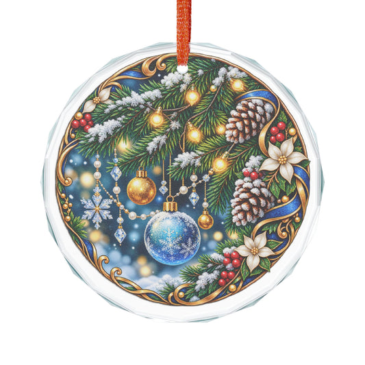 Gold-Lit Evergreen and Ornaments Christmas Crystal Glass Ornament