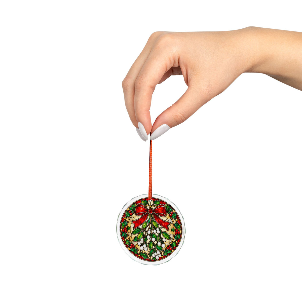 Stained Glass Mistletoe and Red Bow Crystal Glass Ornament