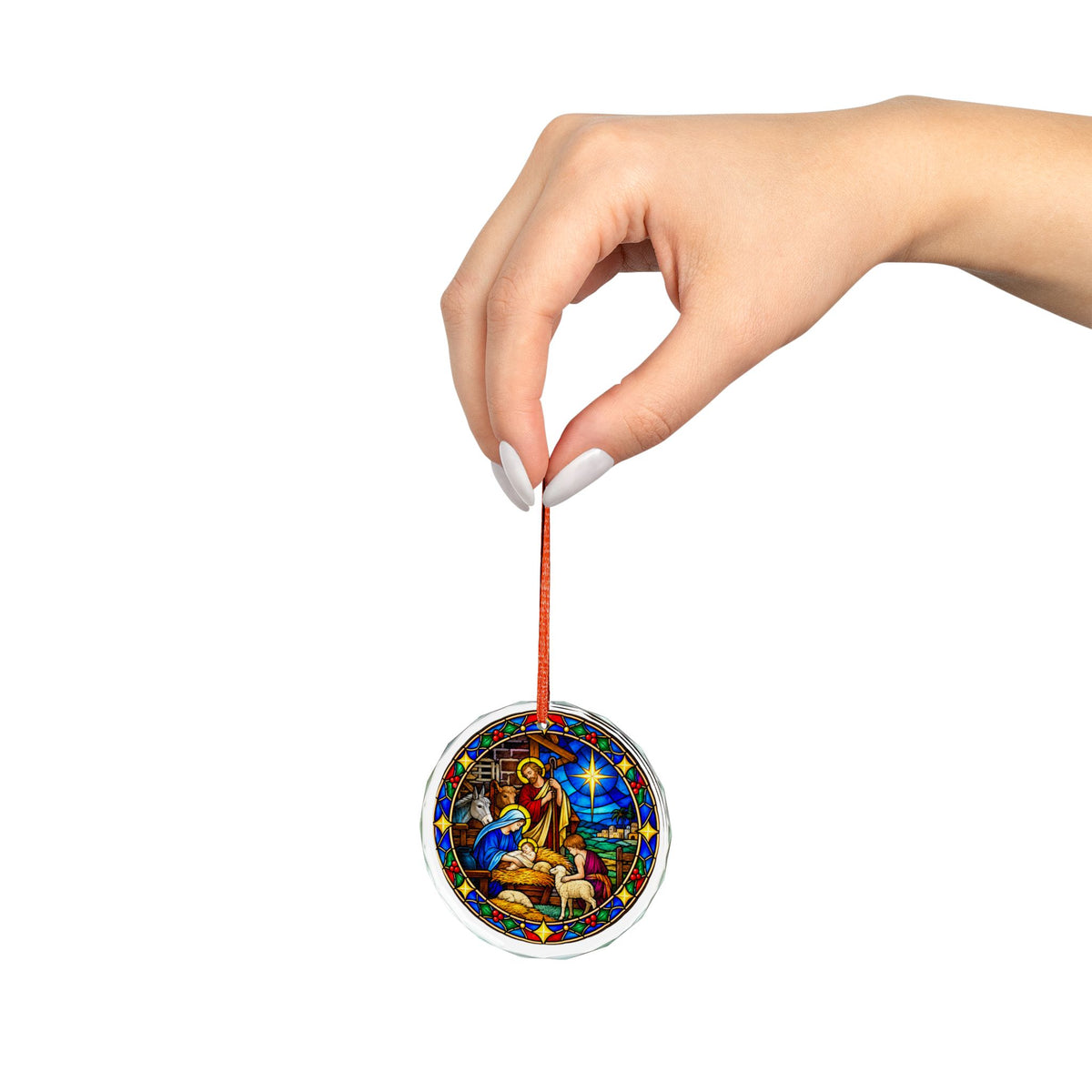 Starlit Stable Nativity Stained Glass Crystal Ornament