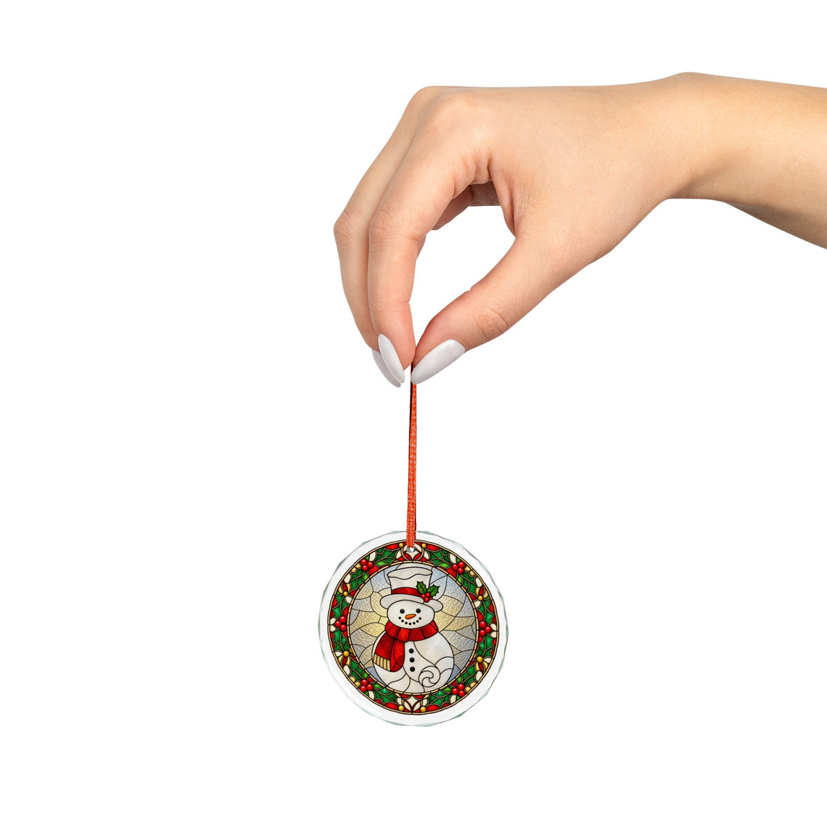 Stained Glass Snowman and Holly Wreath Crystal Glass Ornament