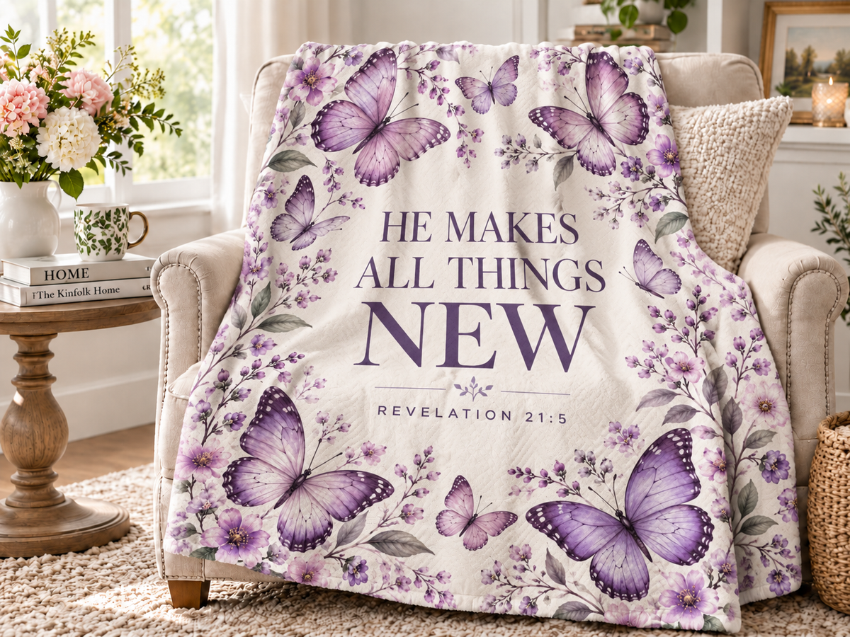He Makes All Things New Purple Butterflies Quilted Throw