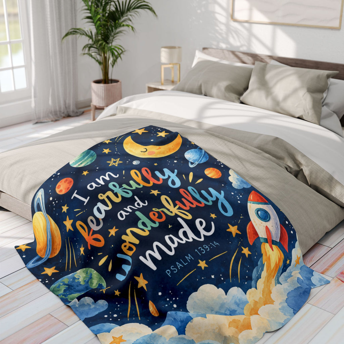 Fearfully and Wonderfully Made Space Rocket Fleece Blanket