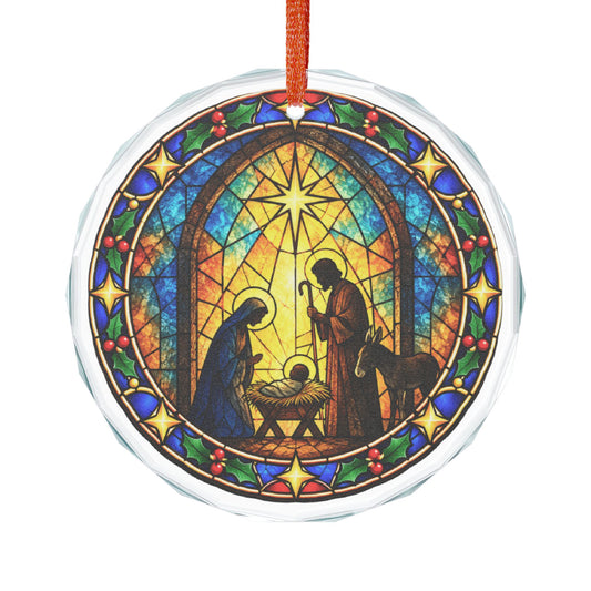 Silhouette Nativity Arched Window Stained Glass Crystal Ornament