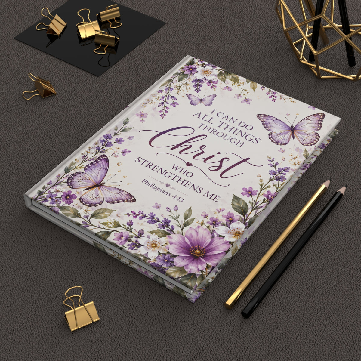 I Can Do All Things Through Christ Purple Butterflies Hardcover Journal