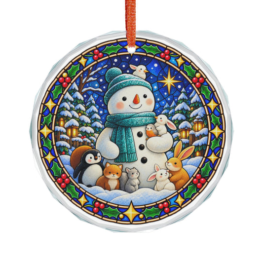 Teal Scarf Snowman and Woodland Friends Crystal Glass Ornament