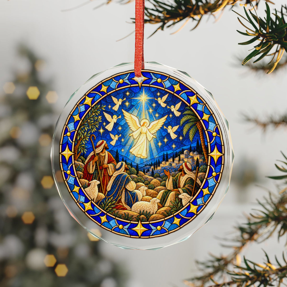 Angel and Shepherds Christmas Stained Glass Crystal Ornament