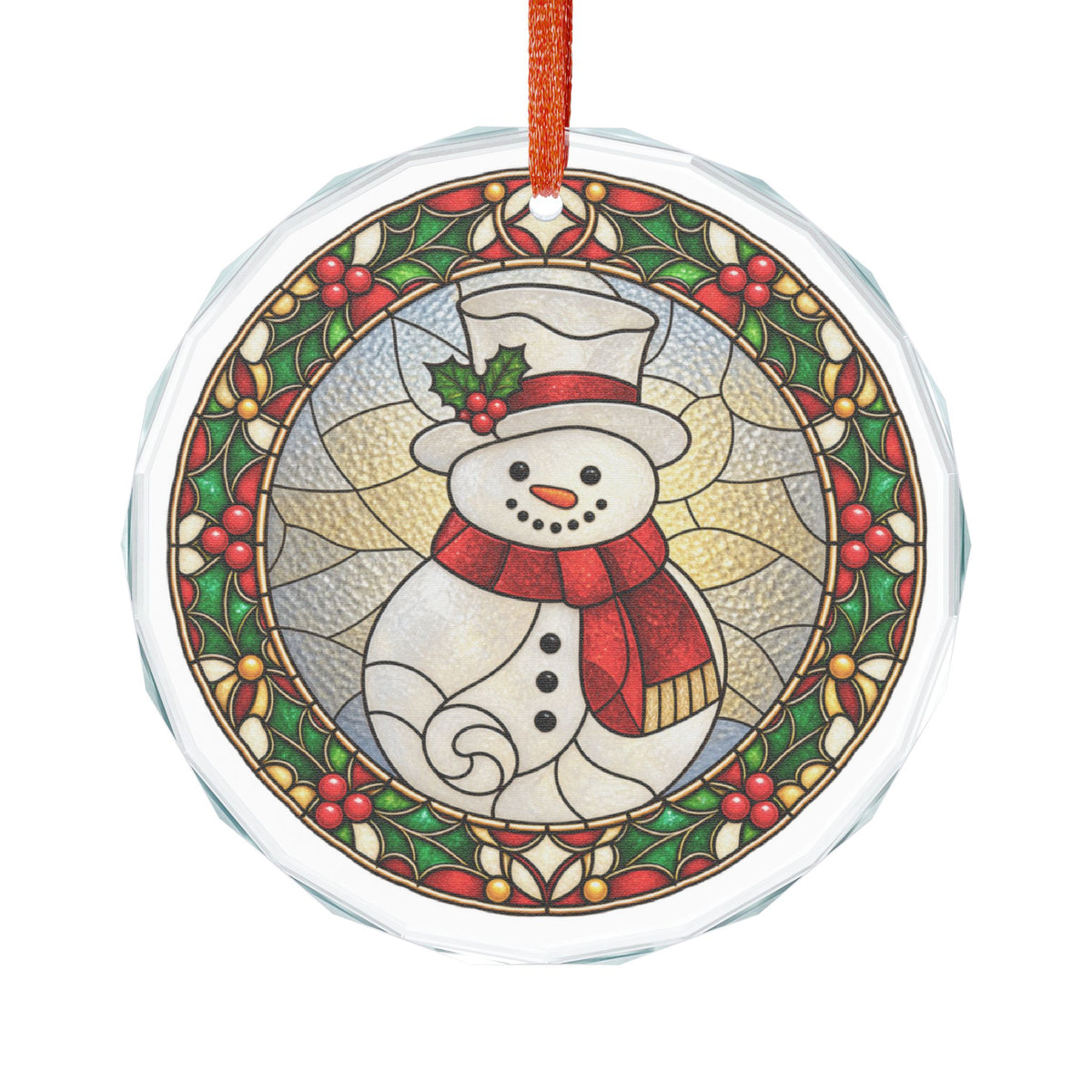 Stained Glass Snowman and Holly Wreath Crystal Glass Ornament