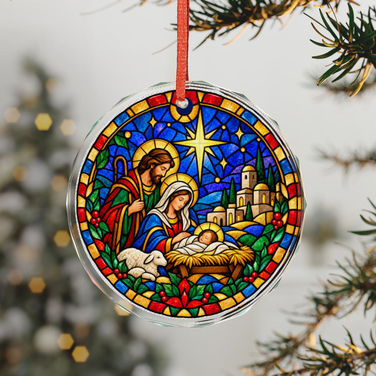 Little Town of Bethlehem Nativity Stained Glass Crystal Ornament
