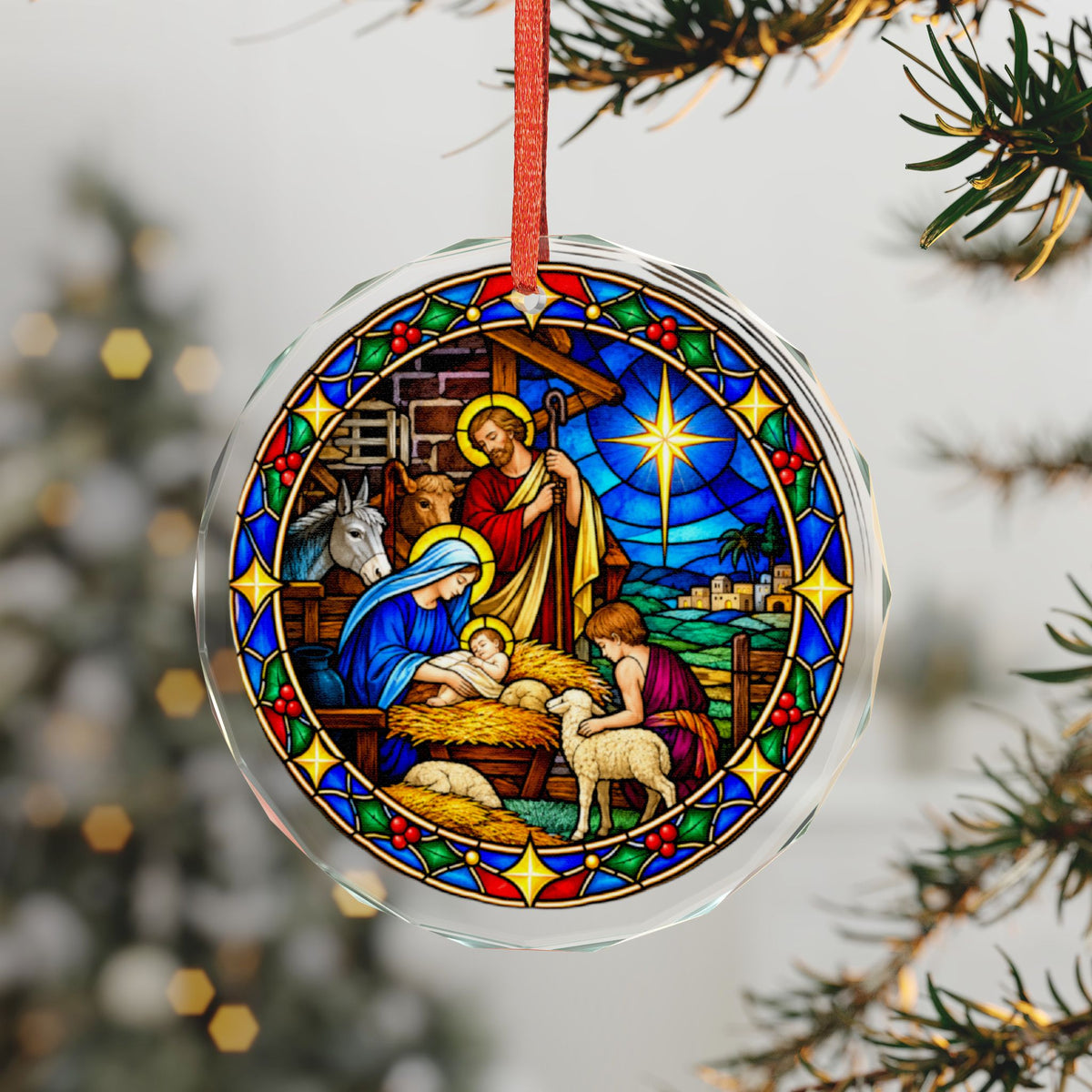 Starlit Stable Nativity Stained Glass Crystal Ornament
