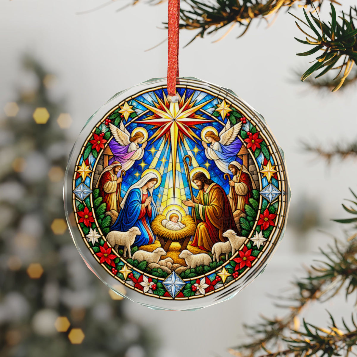 Angels and Shepherds at the Manger Stained Glass Crystal Ornament