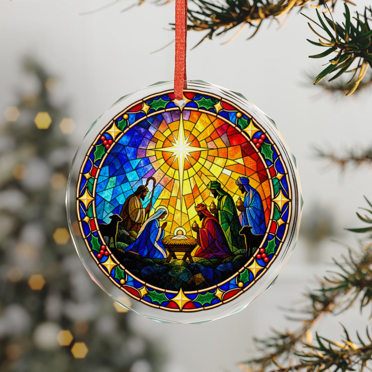 Kneeling Wise Men Nativity Stained Glass Crystal Ornament