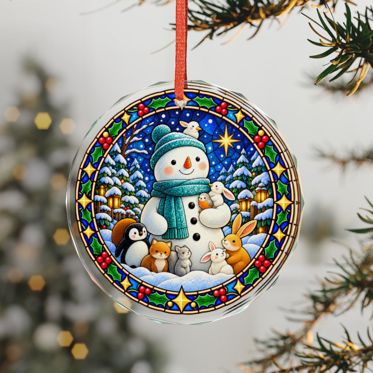 Teal Scarf Snowman and Woodland Friends Crystal Glass Ornament