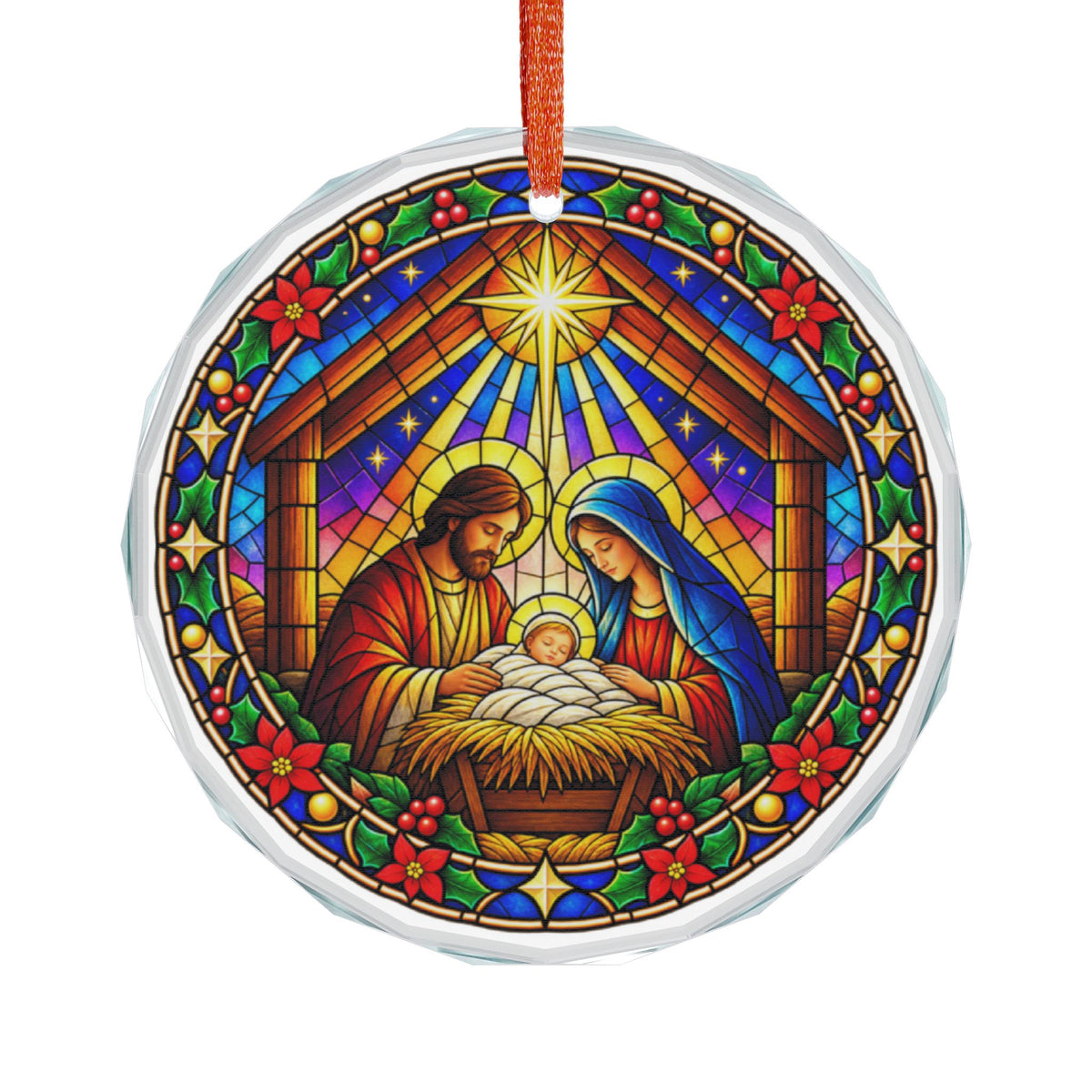 Nativity Manger Scene Stained Glass Christmas Crystal Ornament