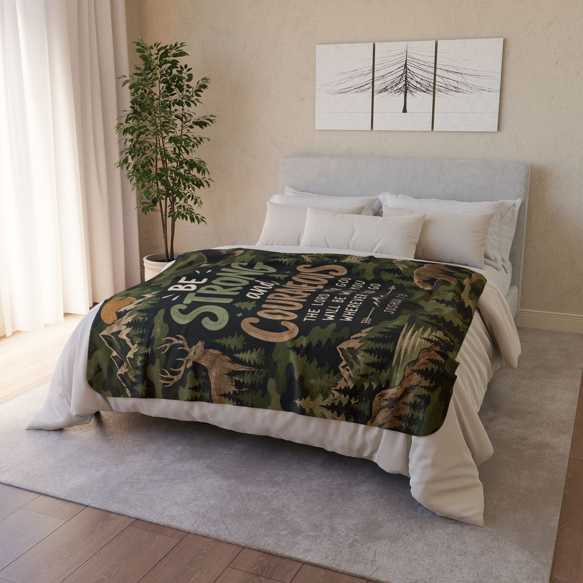 Be Strong and Courageous Outdoorsman Camo Sherpa Blanket