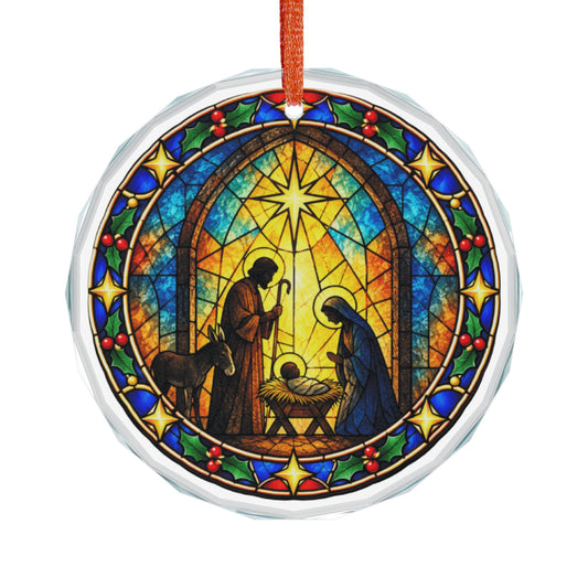 Silhouette Nativity Arched Window Stained Glass Crystal Ornament
