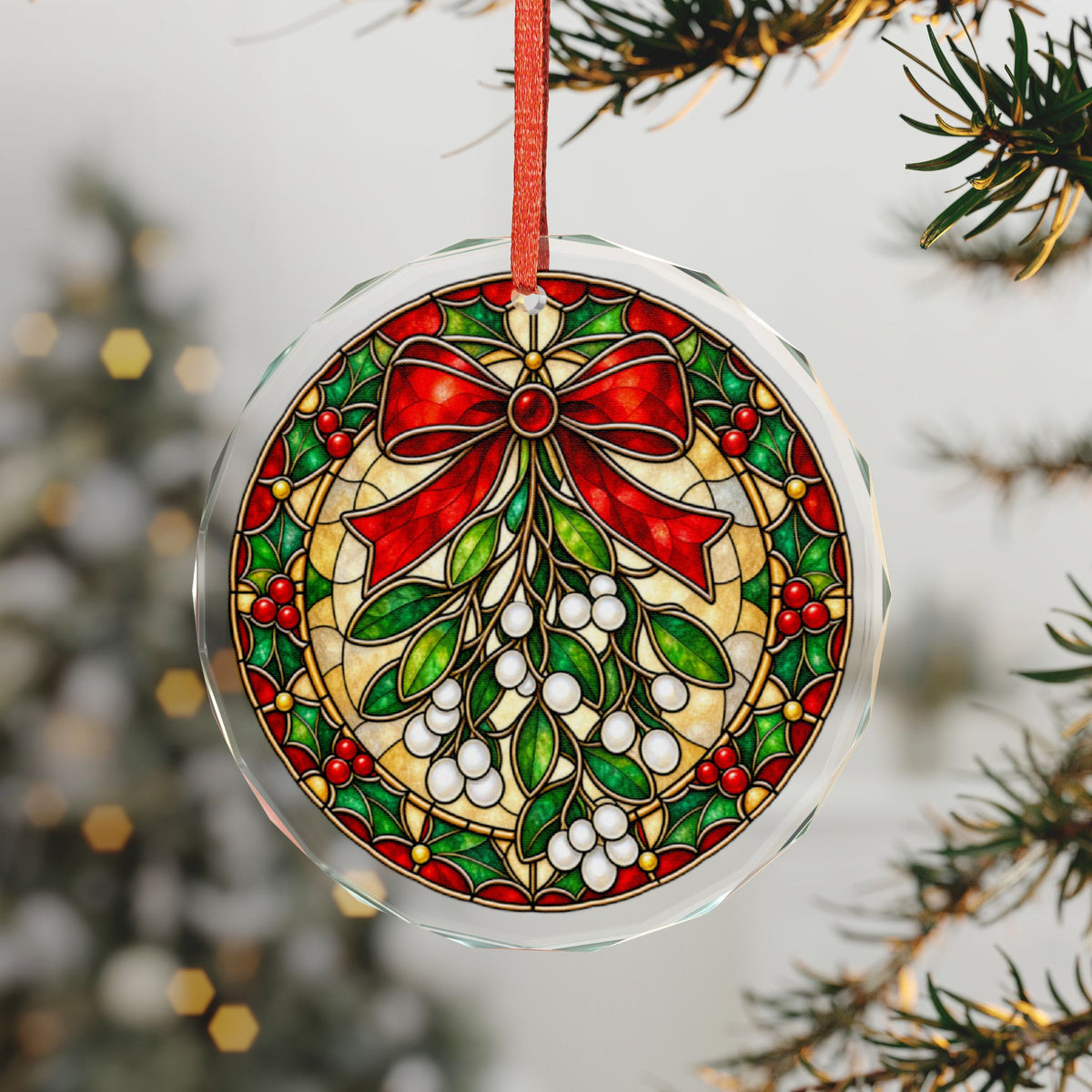 Stained Glass Mistletoe and Red Bow Crystal Glass Ornament