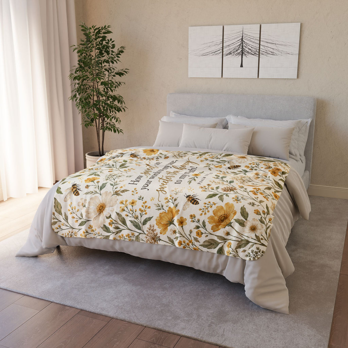 Sweeter Than Honey Floral Bee Sherpa Blanket