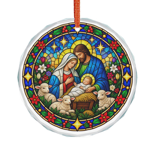 Tender Nativity Family with Lambs Stained Glass Crystal Ornament