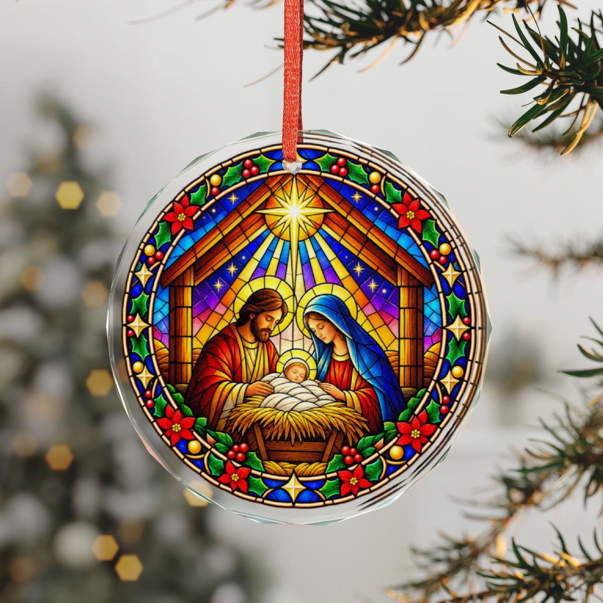 Nativity Manger Scene Stained Glass Christmas Crystal Ornament