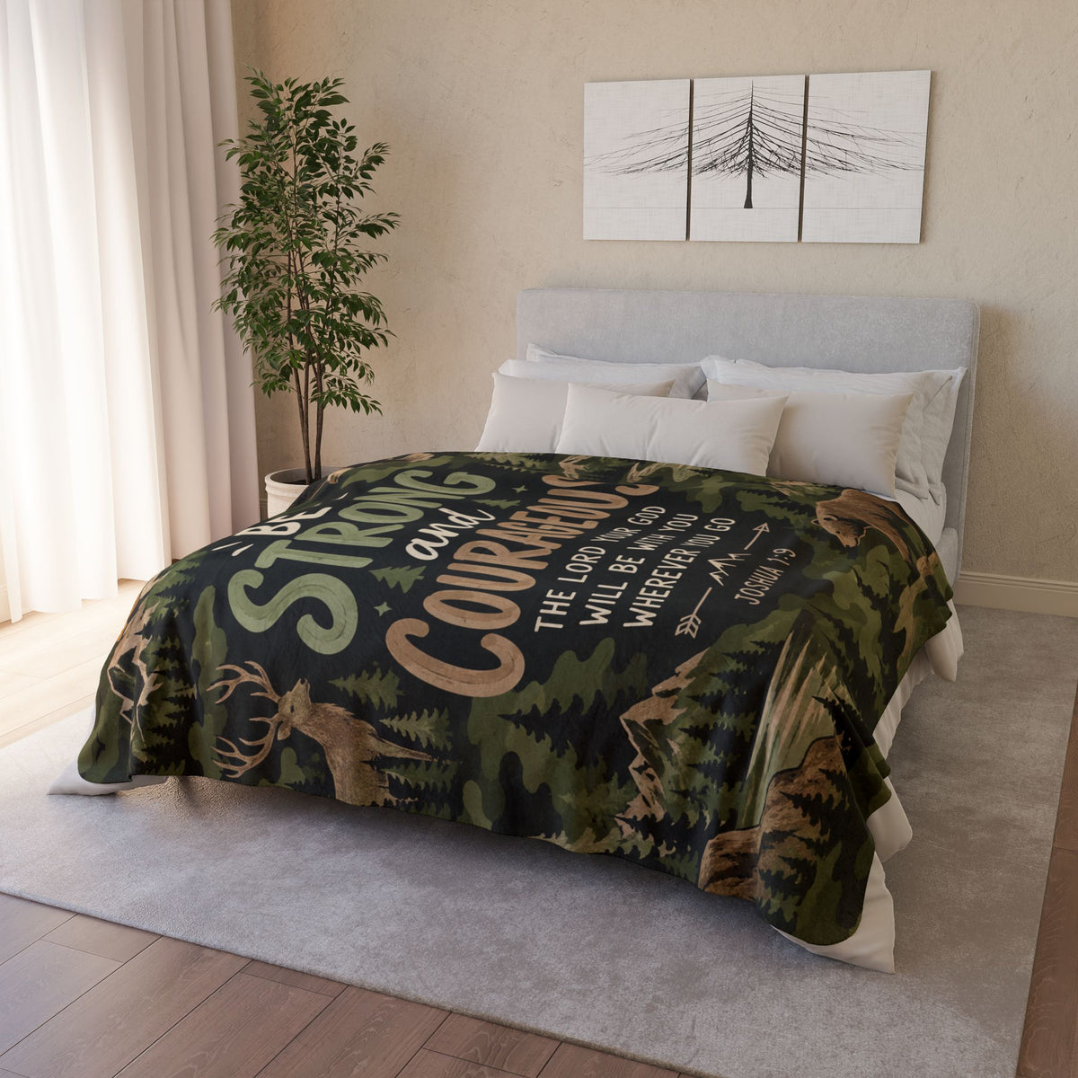 Be Strong and Courageous Outdoorsman Camo Sherpa Blanket