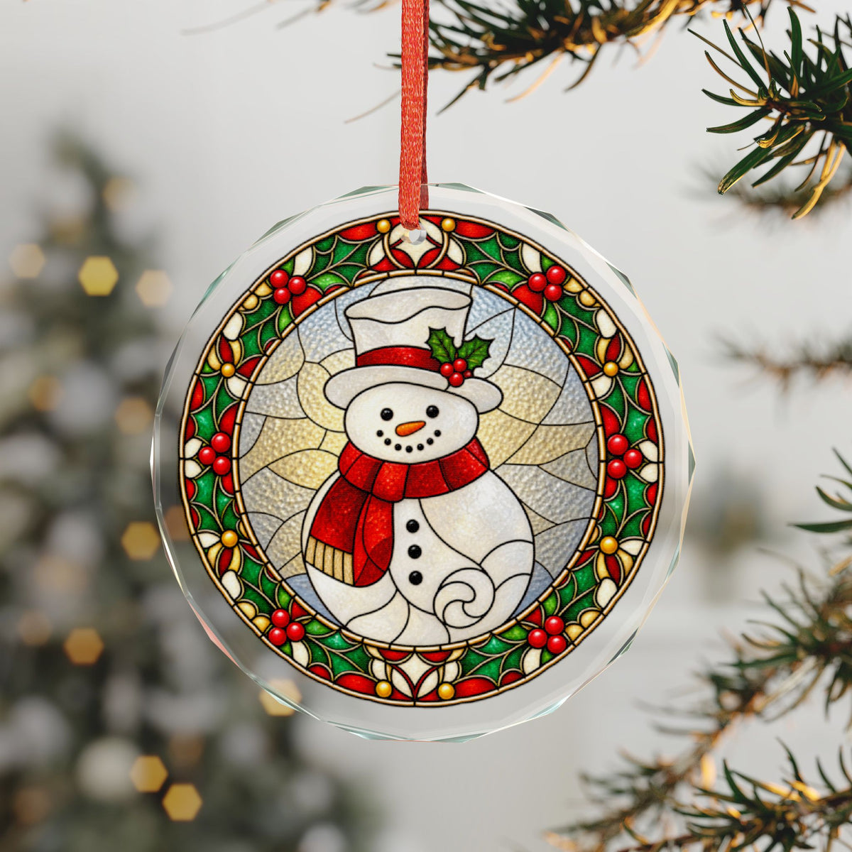 Stained Glass Snowman and Holly Wreath Crystal Glass Ornament