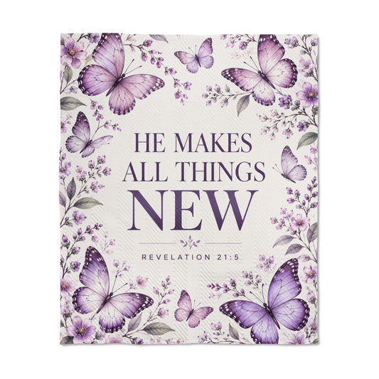He Makes All Things New Purple Butterflies Quilted Throw