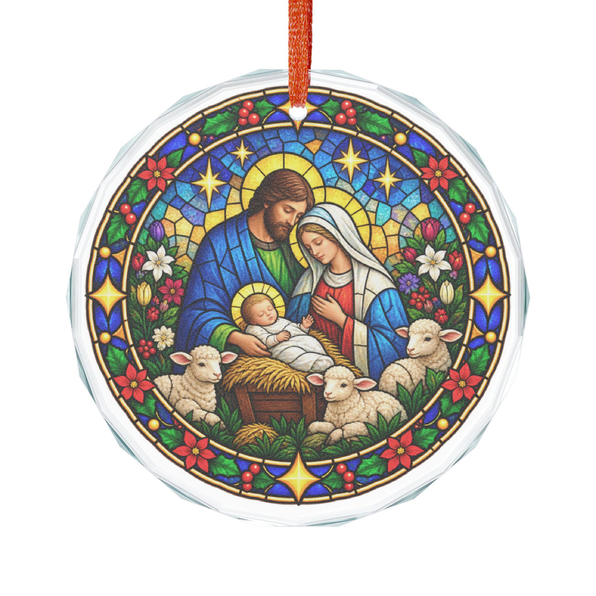 Tender Nativity Family with Lambs Stained Glass Crystal Ornament