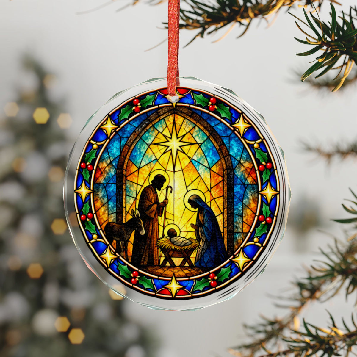 Silhouette Nativity Arched Window Stained Glass Crystal Ornament