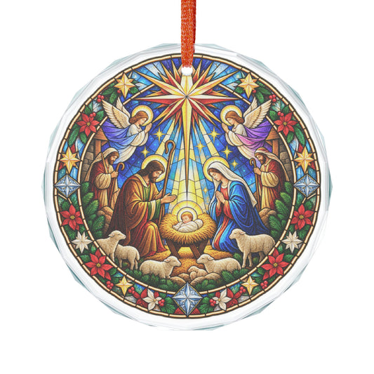 Angels and Shepherds at the Manger Stained Glass Crystal Ornament
