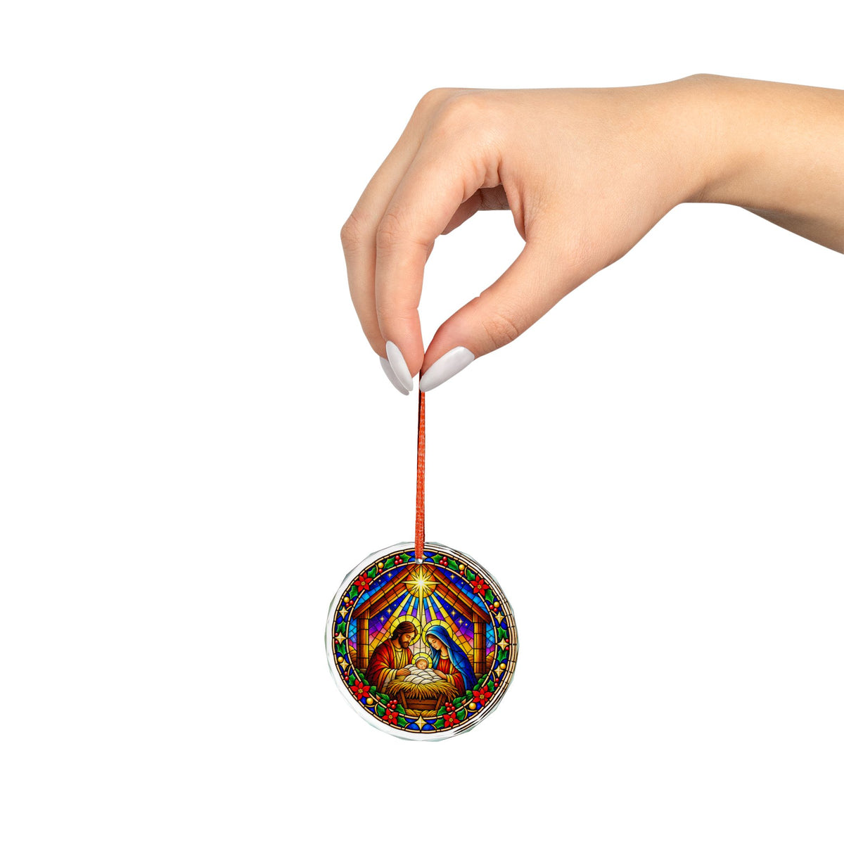 Nativity Manger Scene Stained Glass Christmas Crystal Ornament
