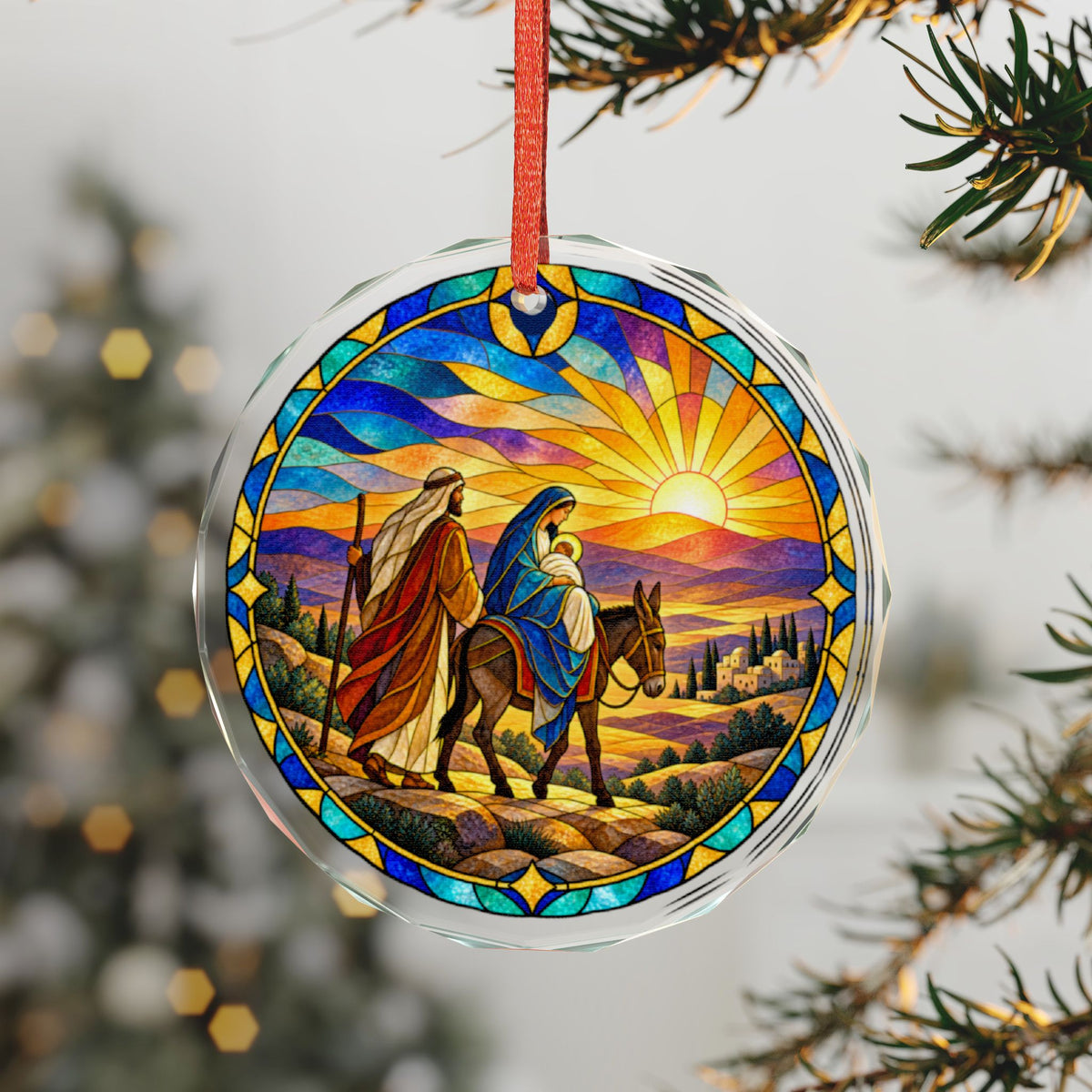 Holy Family Journey by Donkey Stained Glass Crystal Ornament