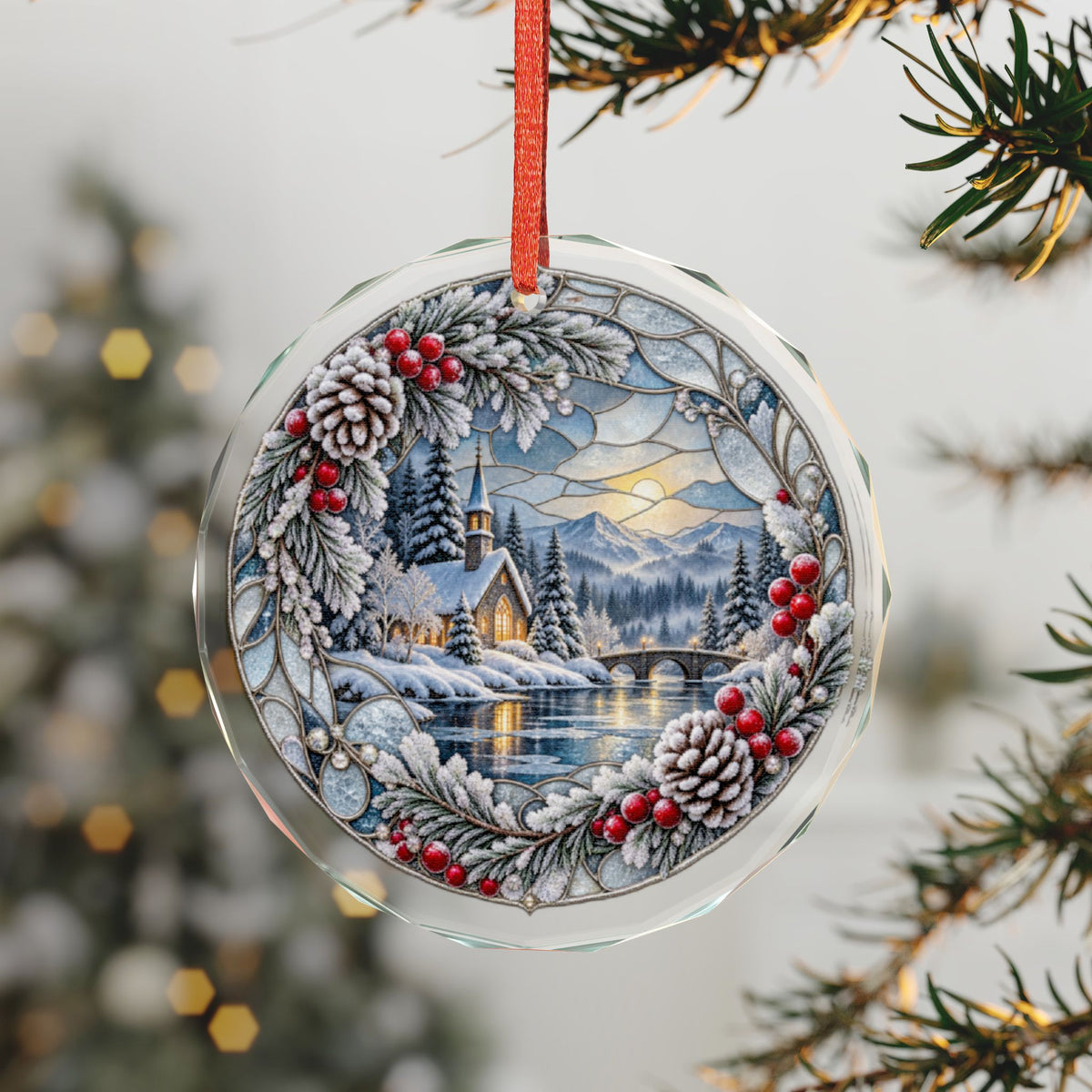 Peace on Earth Winter Chapel Pinecone Wreath Crystal Glass Ornament