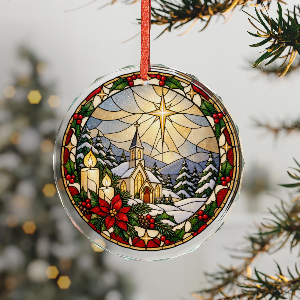 Little White Church in the Snow Stained Glass Crystal Ornament