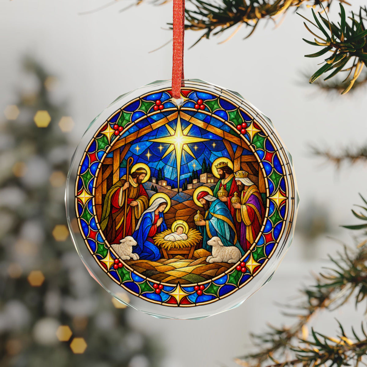 Three Wise Men at the Manger Stained Glass Crystal Ornament