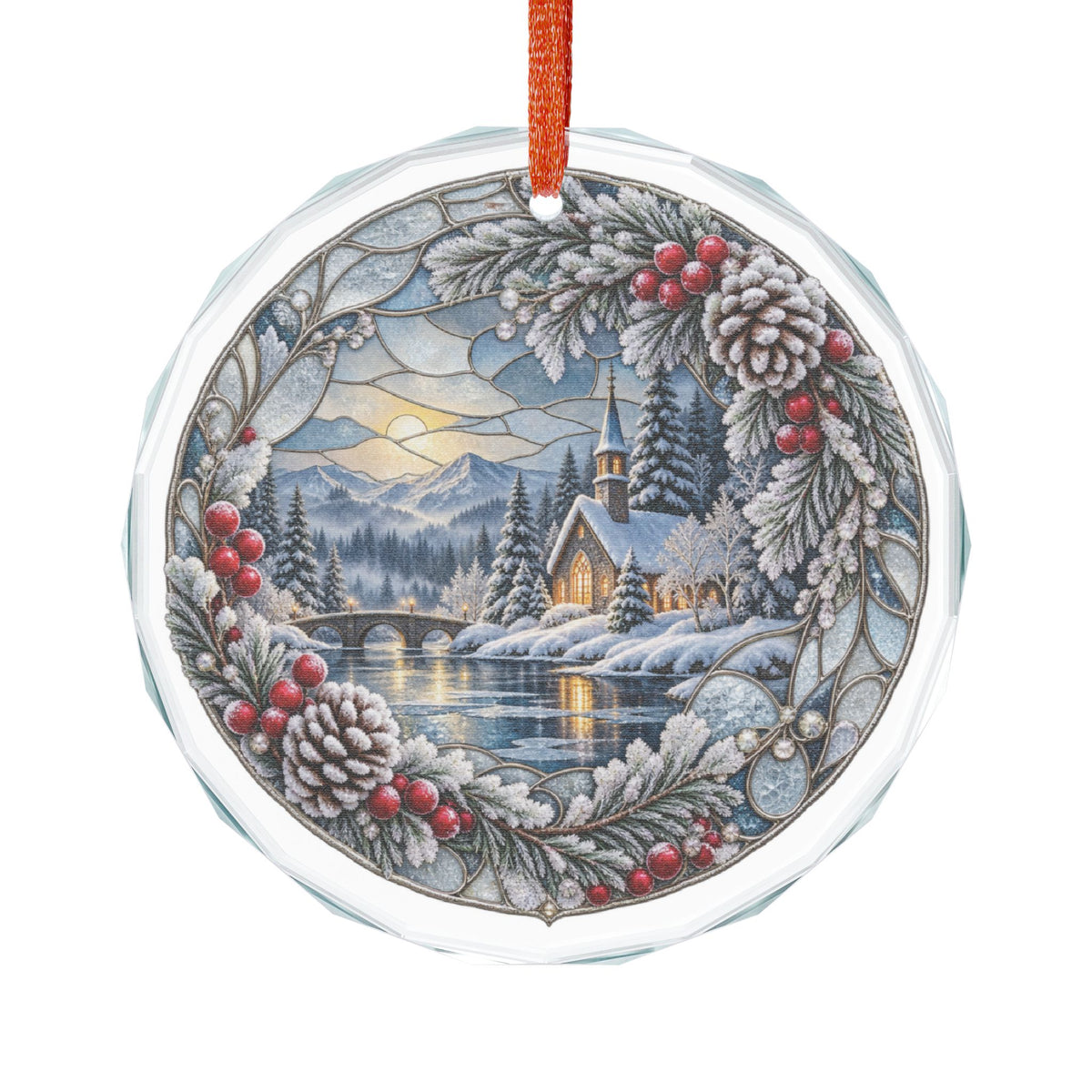 Peace on Earth Winter Chapel Pinecone Wreath Crystal Glass Ornament
