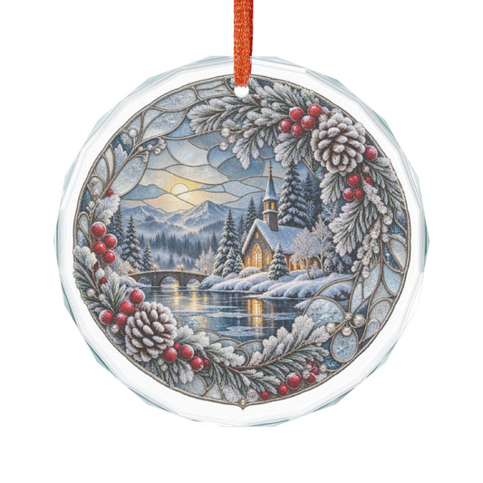 Peace on Earth Winter Chapel Pinecone Wreath Crystal Glass Ornament