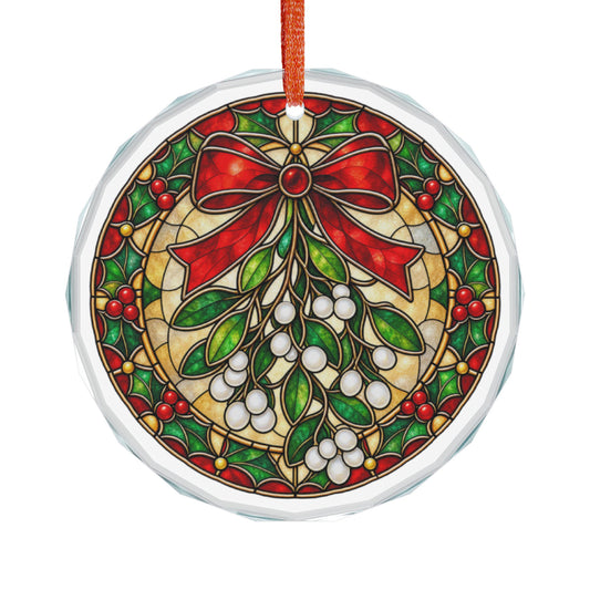 Stained Glass Mistletoe and Red Bow Crystal Glass Ornament