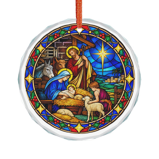 Starlit Stable Nativity Stained Glass Crystal Ornament