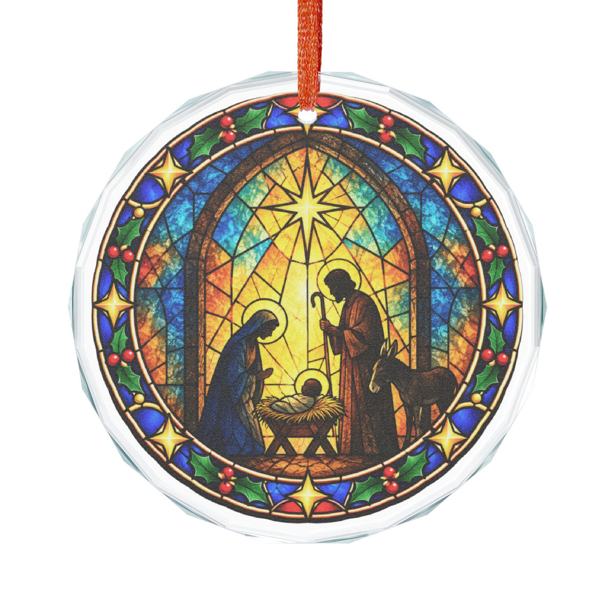 Silhouette Nativity Arched Window Stained Glass Crystal Ornament