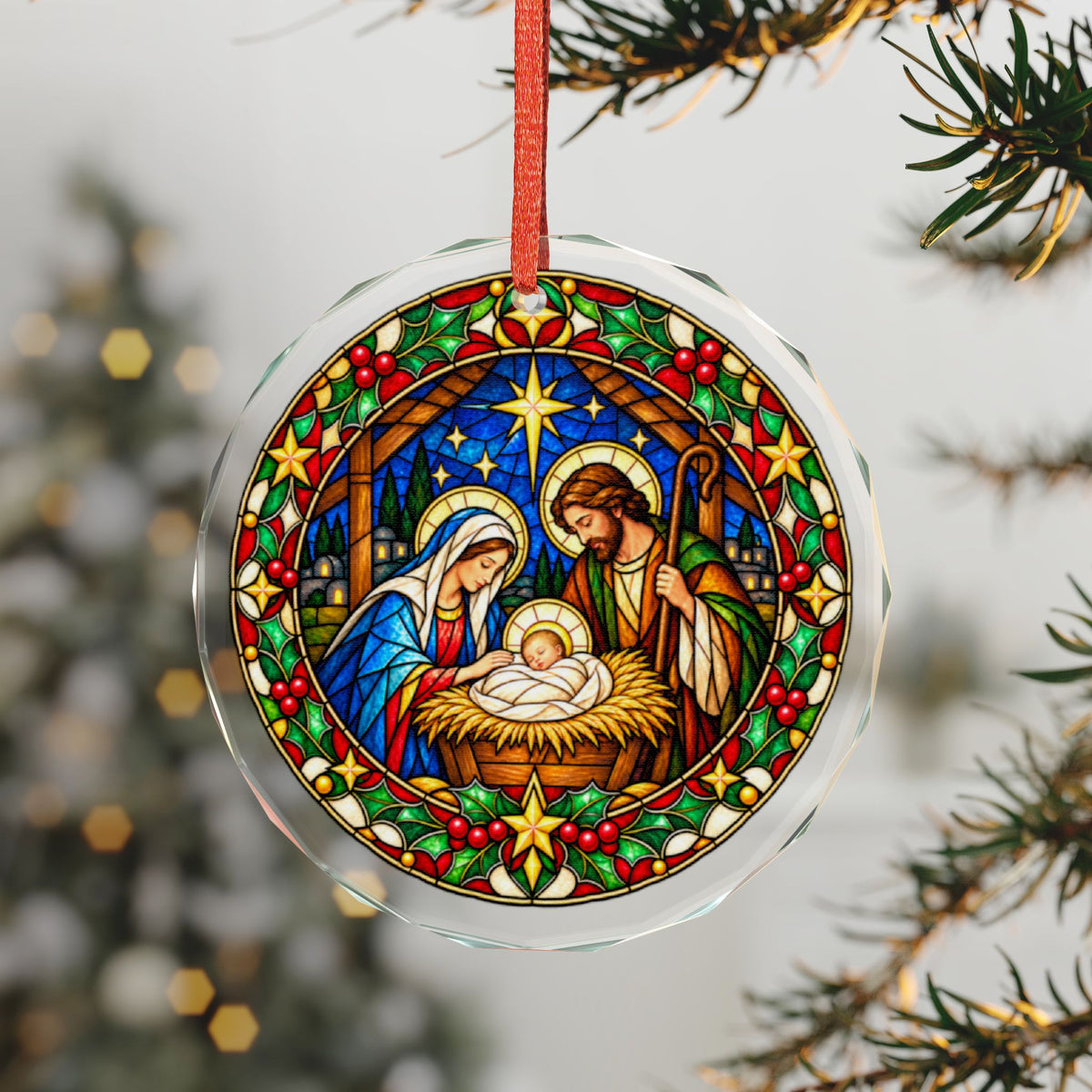 Emmanuel Nativity Stained Glass Christmas Crystal Ornament