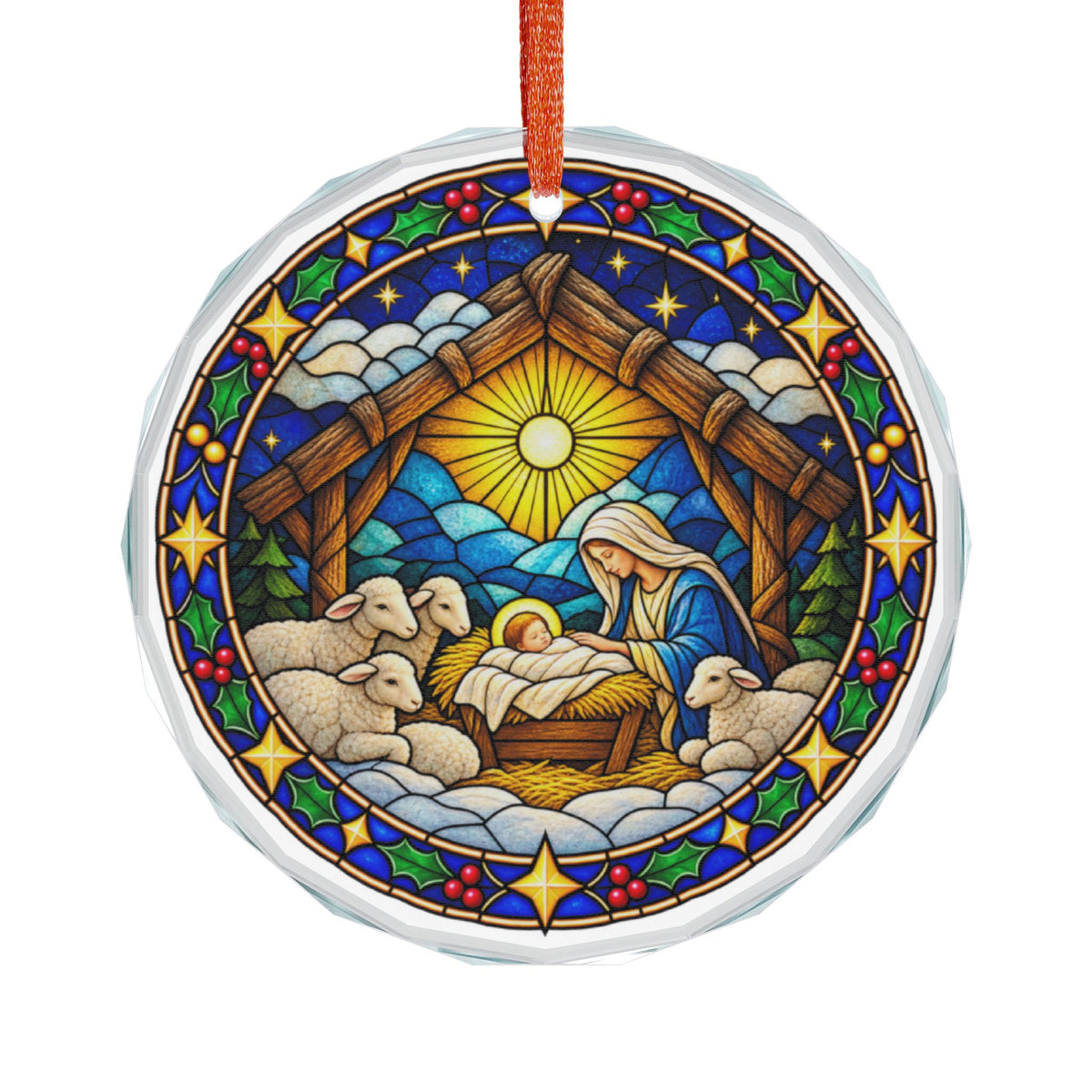 Stable and Star Nativity Christmas Stained Glass Crystal Ornament