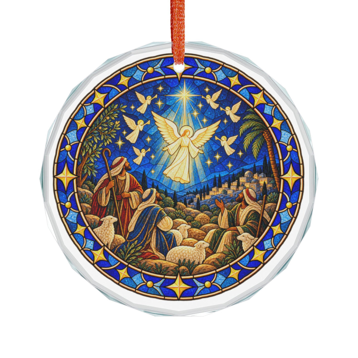 Angel and Shepherds Christmas Stained Glass Crystal Ornament