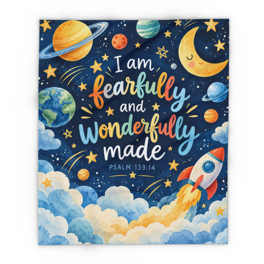 Fearfully and Wonderfully Made Space Rocket Fleece Blanket