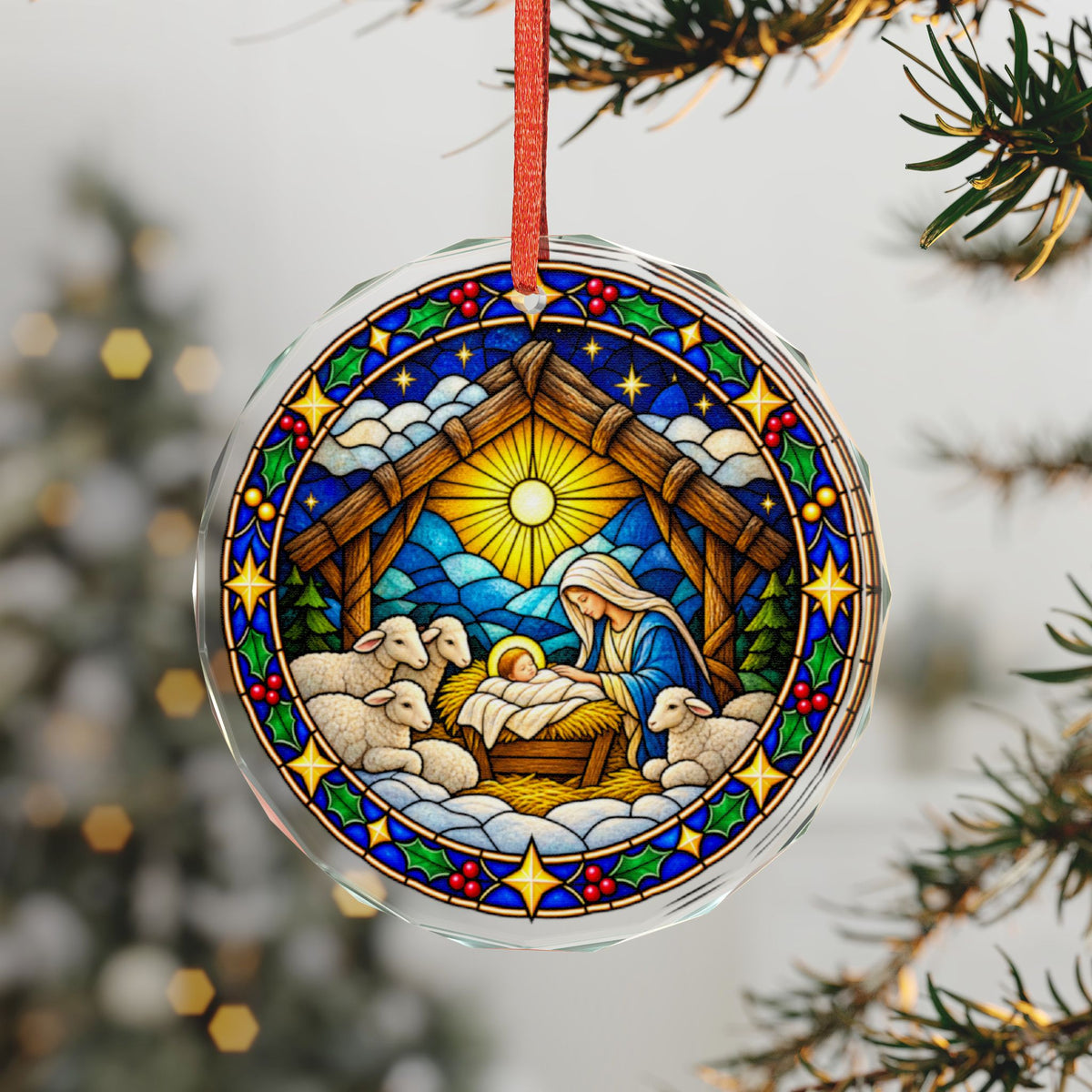Stable and Star Nativity Christmas Stained Glass Crystal Ornament