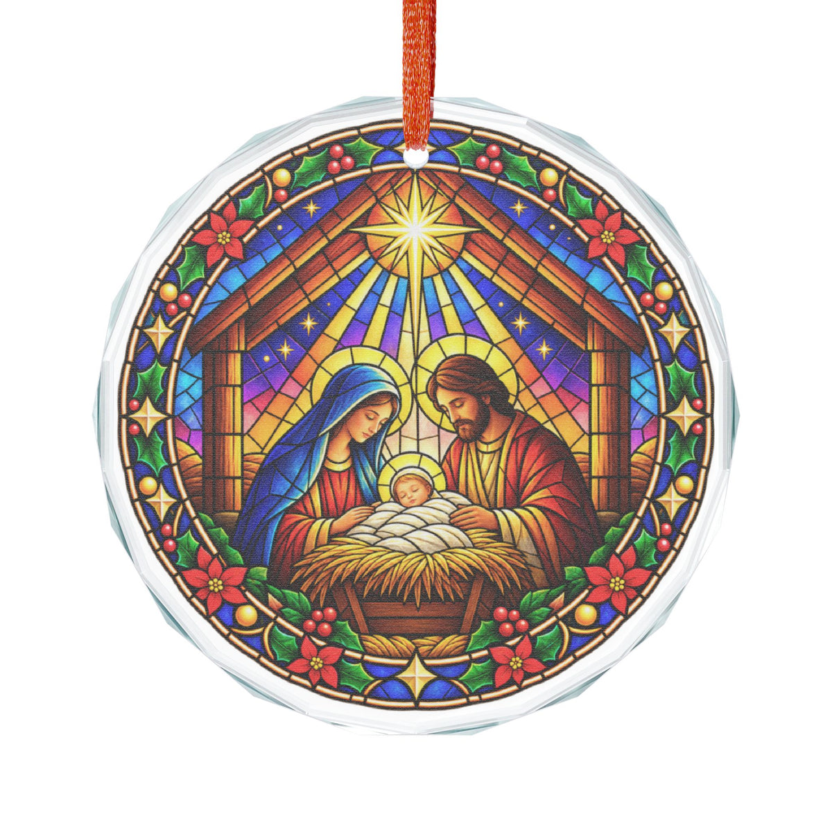 Nativity Manger Scene Stained Glass Christmas Crystal Ornament