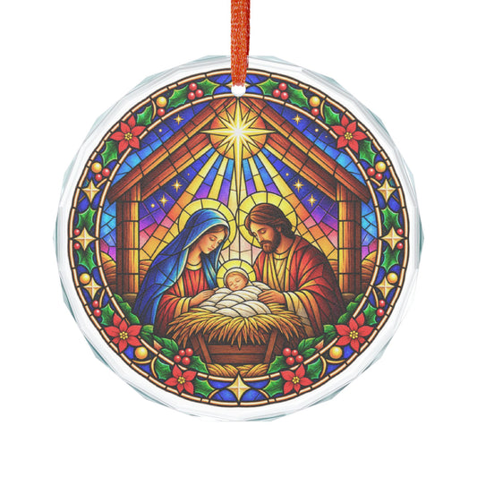 Nativity Manger Scene Stained Glass Christmas Crystal Ornament