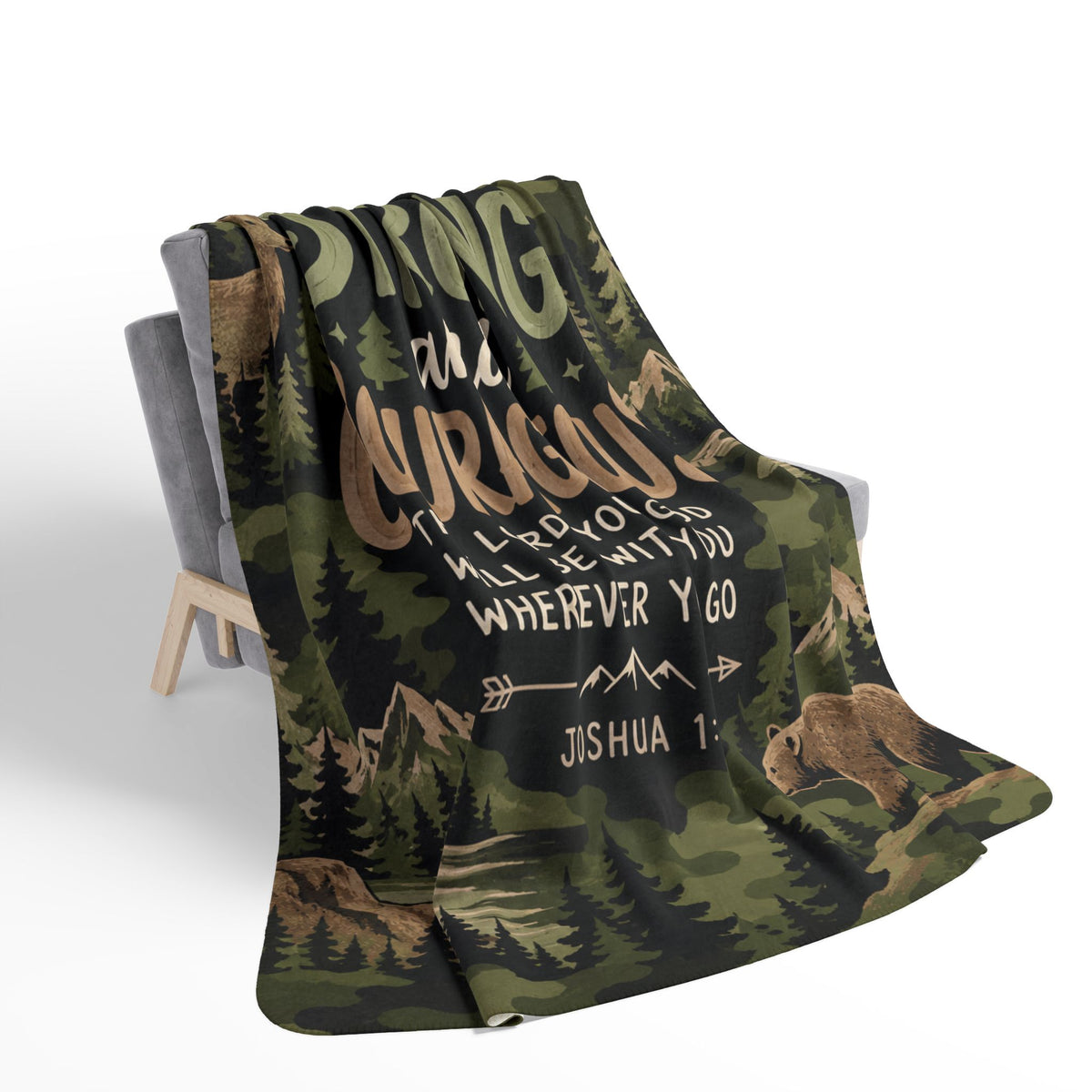 Be Strong and Courageous Outdoorsman Camo Sherpa Blanket