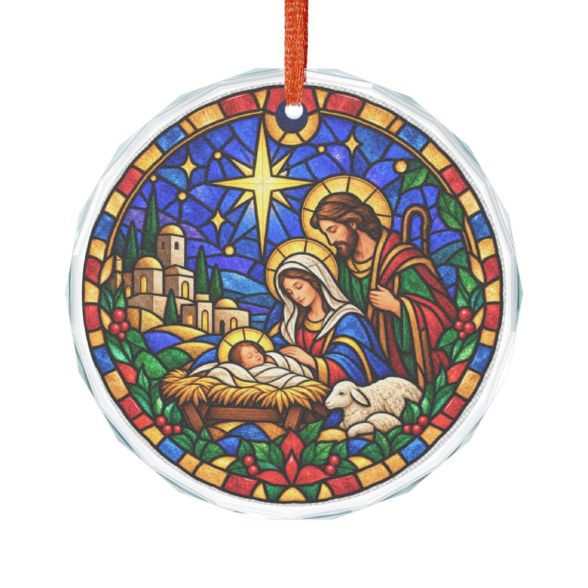 Little Town of Bethlehem Nativity Stained Glass Crystal Ornament