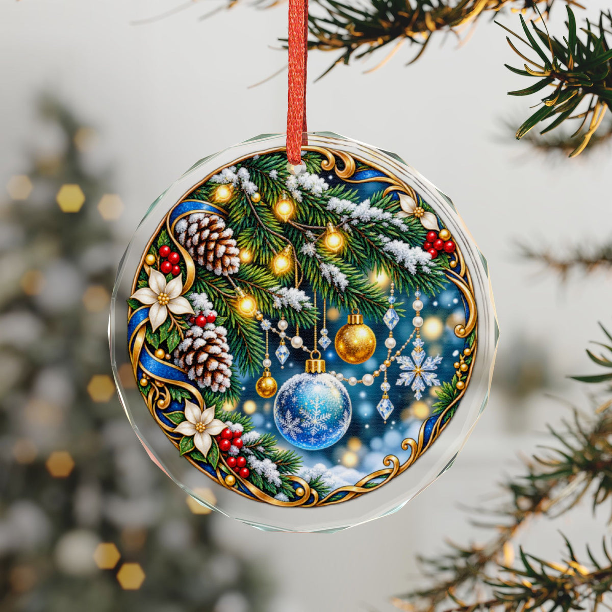 Gold-Lit Evergreen and Ornaments Christmas Crystal Glass Ornament