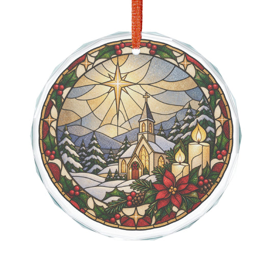 Little White Church in the Snow Stained Glass Crystal Ornament